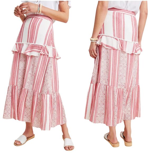 Anthropologie Dresses & Skirts - Anthropologie Pixie Tiered Maxi Skirt by De Novo size 12 L red white stripe midi